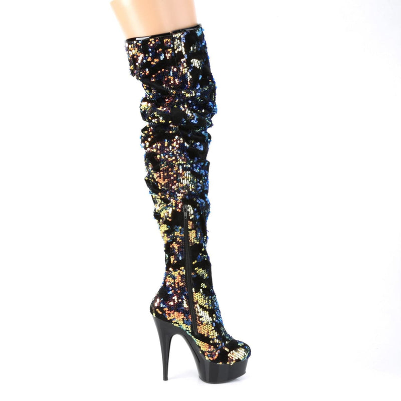Pleaser DELIGHT-3004 Platform Thigh High Boot (Blue Iridescent Sequins/Black)