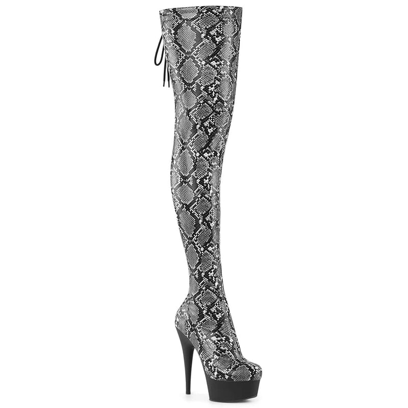 Pleaser DELIGHT-3008SP-BT Platform Thigh High Boot (Grey-Black Snake Print/Black Matte)