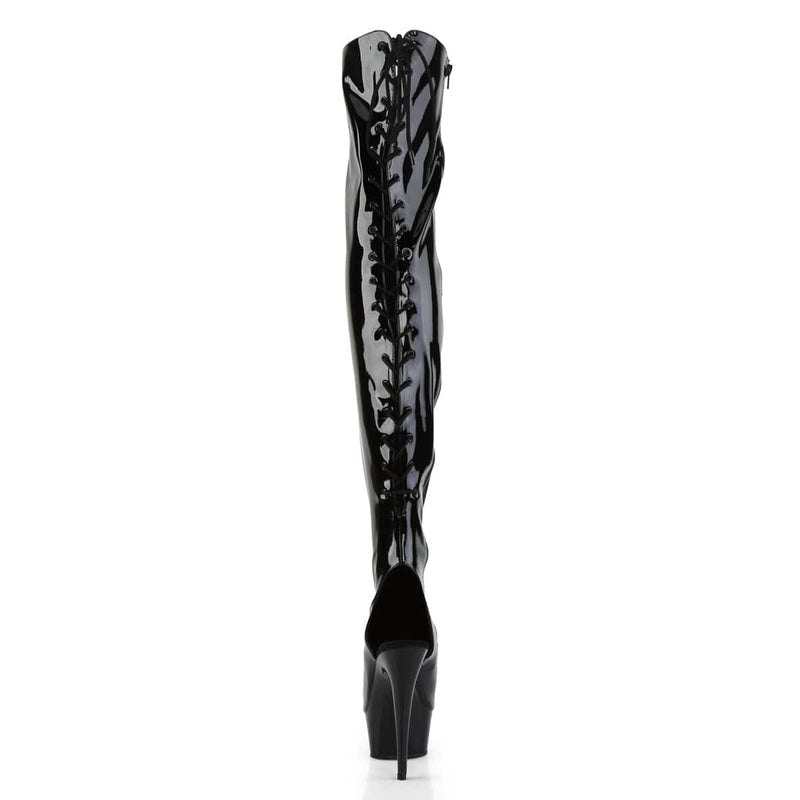 Pleaser DELIGHT-3017 Platform Thigh High Boot (Black Stretch Patent/Black)