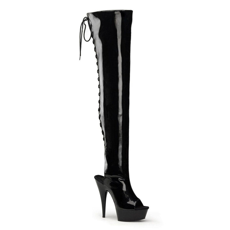 Pleaser DELIGHT-3017 Platform Thigh High Boot (Black Stretch Patent/Black)