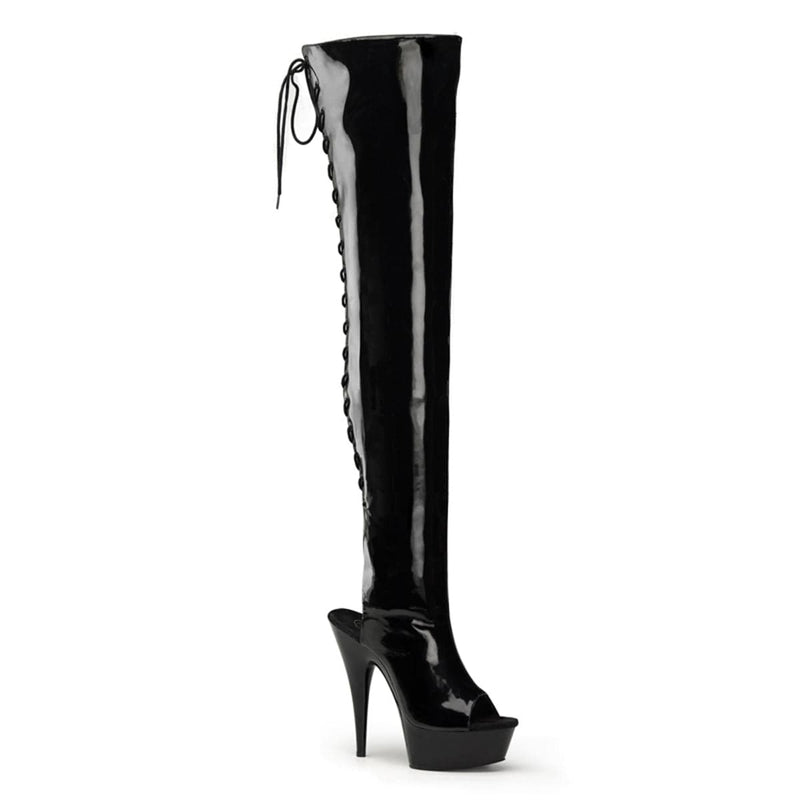 Pleaser DELIGHT-3017 Platform Thigh High Boot (Black Stretch Patent/Black)