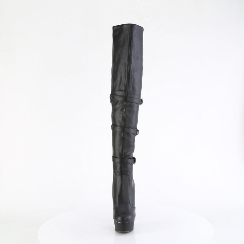 Pleaser DELIGHT-3018 Platform Knee High Boot (Black Stretch Faux Leather/Black Matte)