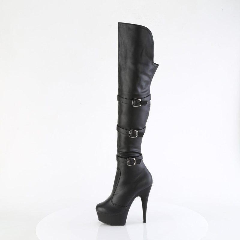 Pleaser DELIGHT-3018 Platform Knee High Boot (Black Stretch Faux Leather/Black Matte)