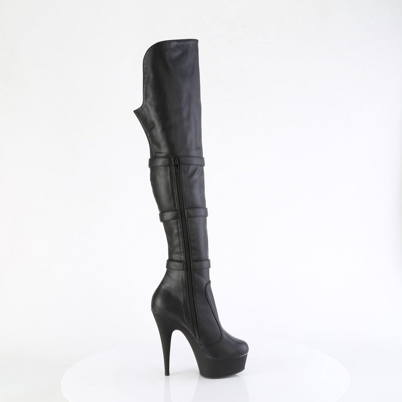 Pleaser DELIGHT-3018 Platform Knee High Boot (Black Stretch Faux Leather/Black Matte)