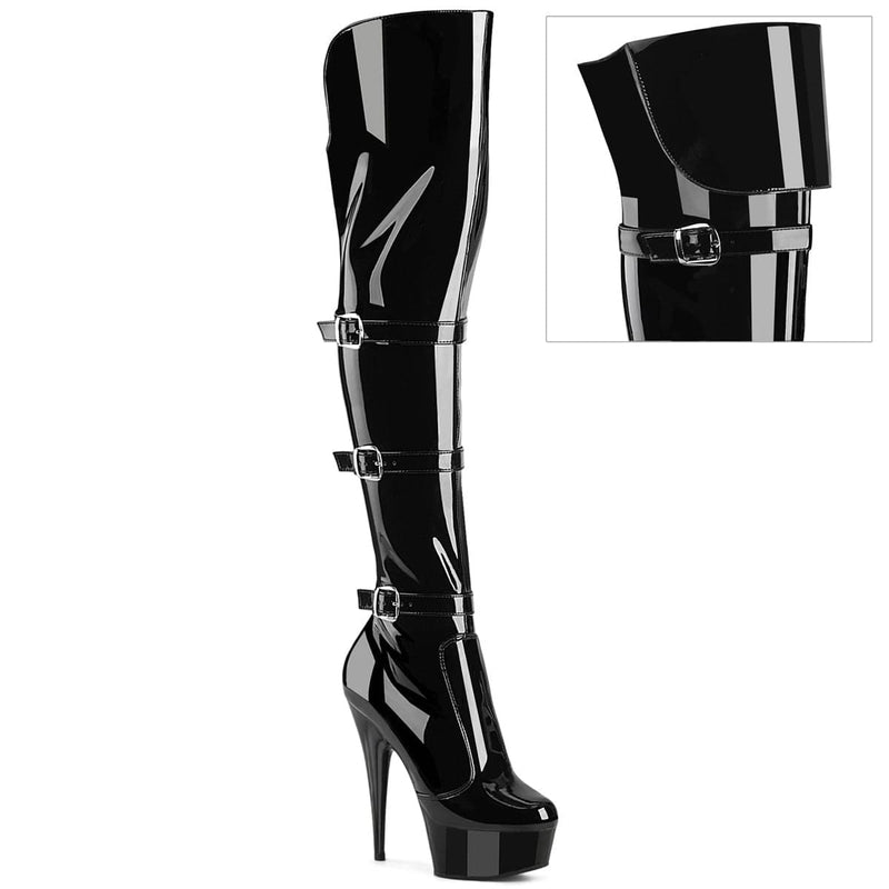 Pleaser DELIGHT-3018 Platform Knee High Boot (Black Stretch Patent/Black)