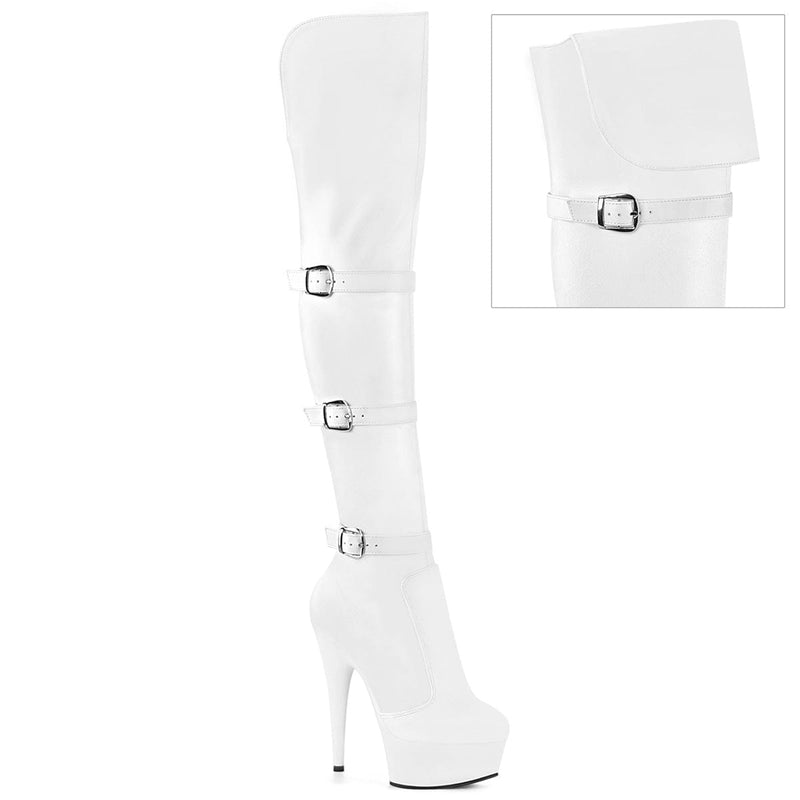 Pleaser DELIGHT-3018 Platform Knee High Boot (White Stretch Faux Leather/White Matte)
