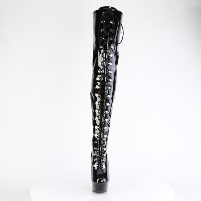 Pleaser DELIGHT-3022 Platform Thigh High Boot (Black Stretch Patent/Black)