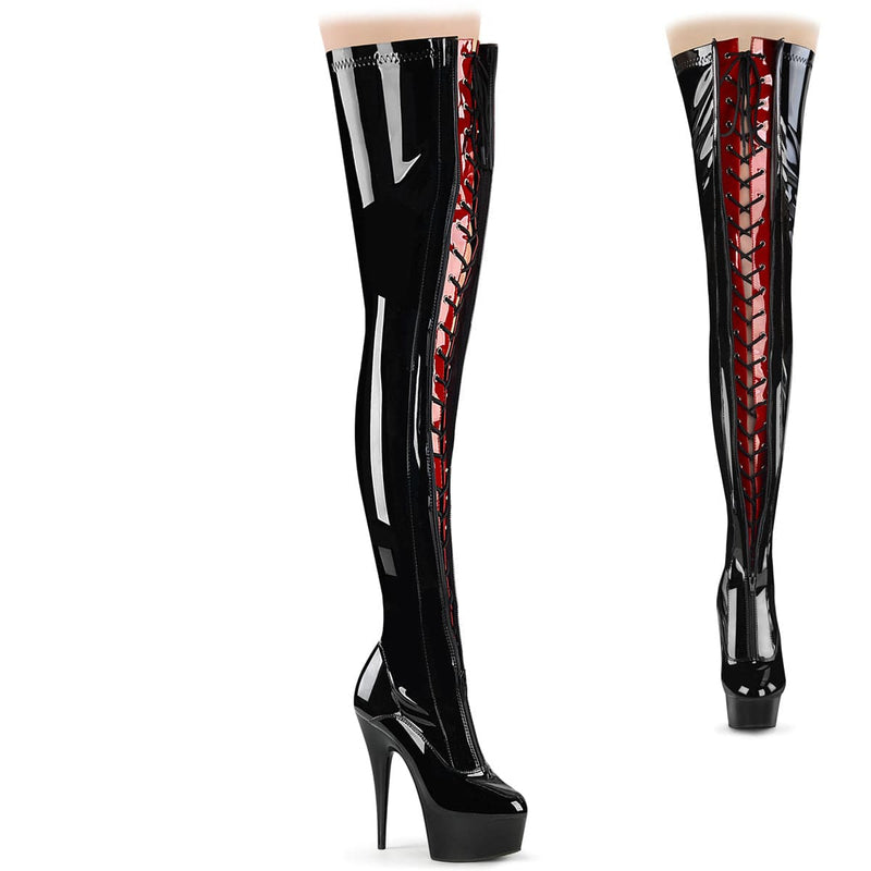 Pleaser DELIGHT-3027 Platform Thigh High Boot (Black-Red Stretch Patent/Black)