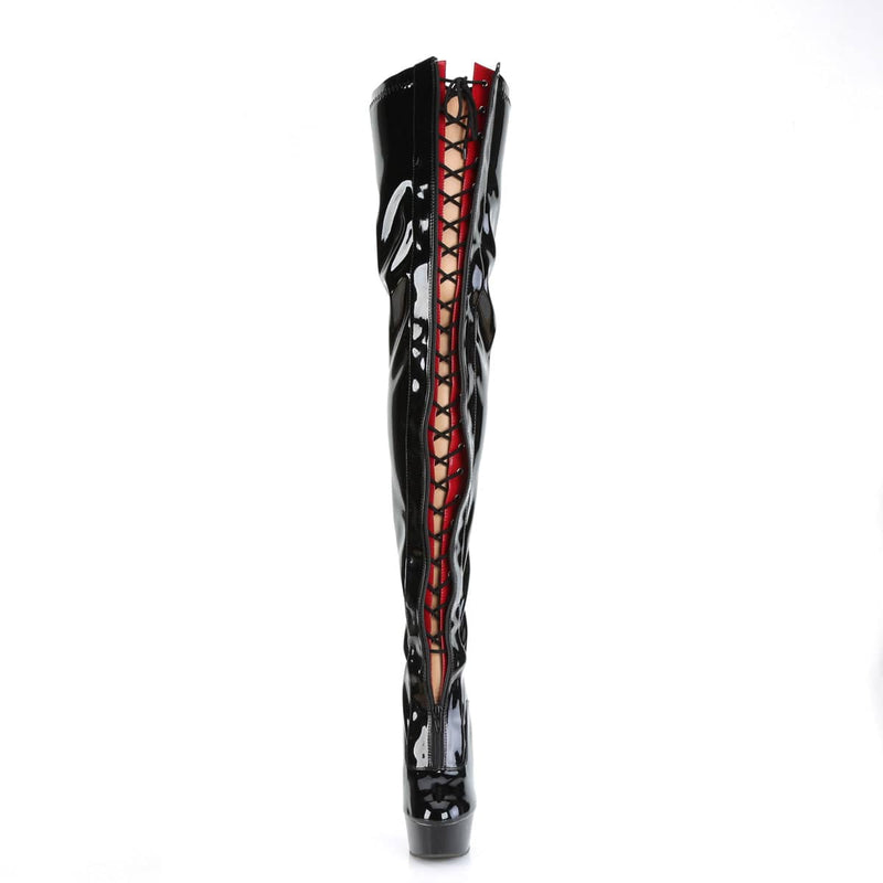 Pleaser DELIGHT-3027 Platform Thigh High Boot (Black-Red Stretch Patent/Black)