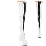 Pleaser DELIGHT-3027 Platform Thigh High Boot (White-Black Stretch Patent/White)