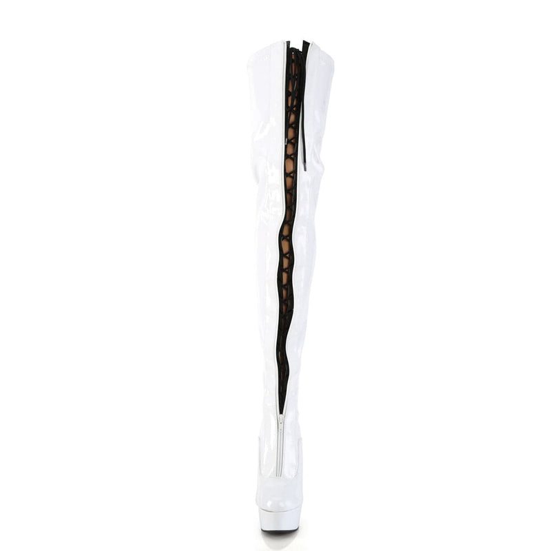 Pleaser DELIGHT-3027 Platform Thigh High Boot (White-Black Stretch Patent/White)