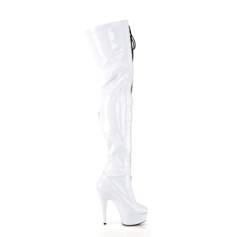Pleaser DELIGHT-3027 Platform Thigh High Boot (White-Black Stretch Patent/White)