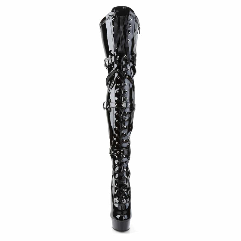 Pleaser DELIGHT-3028 Platform Thigh High Boot (Black Stretch Patent/Black)