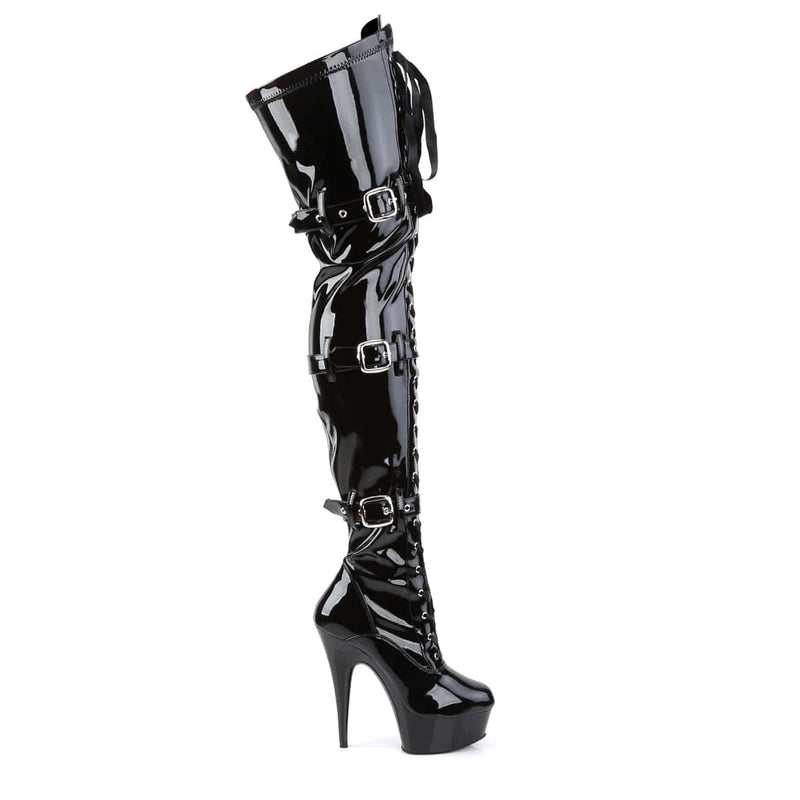 Pleaser DELIGHT-3028 Platform Thigh High Boot (Black Stretch Patent/Black)