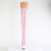 Pleaser DELIGHT-3029 Platform Thigh High Boot (Baby Pink Stretch Hologram Patent/White Matte)