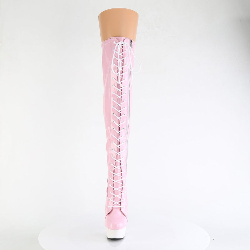 Pleaser DELIGHT-3029 Platform Thigh High Boot (Baby Pink Stretch Hologram Patent/White Matte)