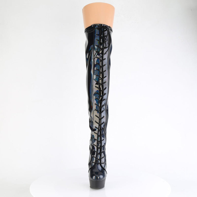 Pleaser DELIGHT-3029 Platform Thigh High Boot (Black Stretch Hologram Patent/Black Matte)