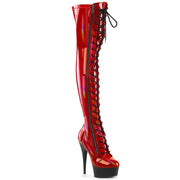 Pleaser DELIGHT-3029 Platform Thigh High Boot (Red Stretch Hologram Patent/Black Matte)