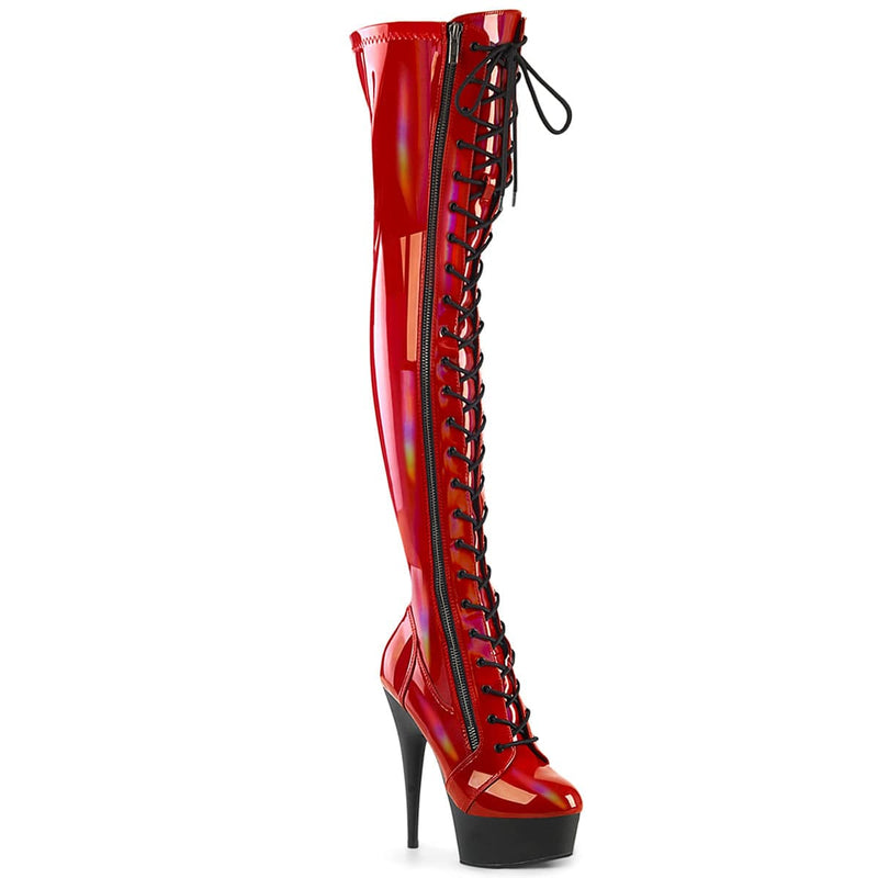 Pleaser DELIGHT-3029 Platform Thigh High Boot (Red Stretch Hologram Patent/Black Matte)