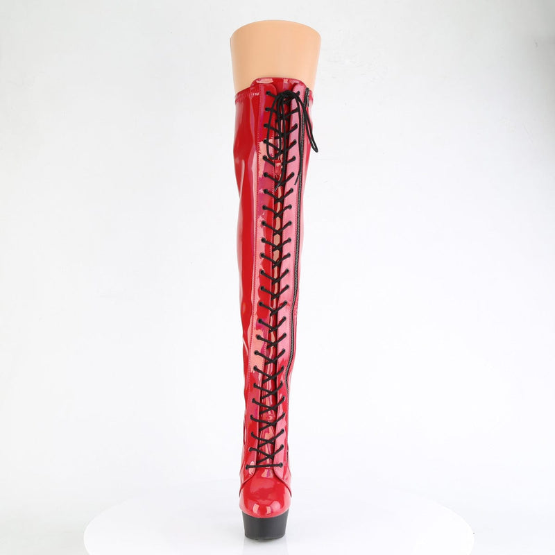 Pleaser DELIGHT-3029 Platform Thigh High Boot (Red Stretch Hologram Patent/Black Matte)