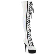 Pleaser DELIGHT-3029 Platform Thigh High Boot (White Stretch Hologram Patent/Black Matte)
