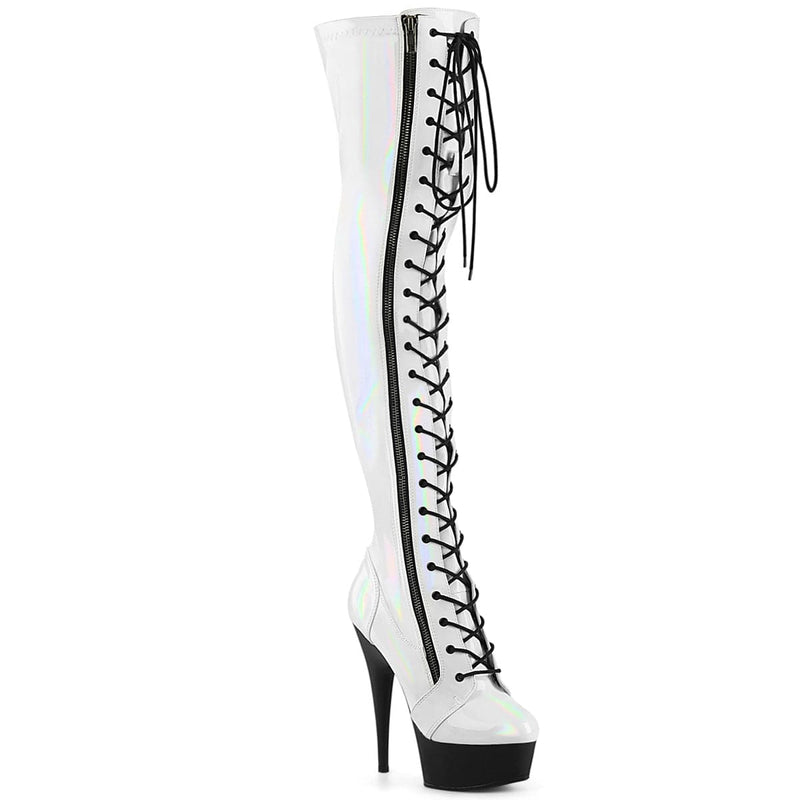 Pleaser DELIGHT-3029 Platform Thigh High Boot (White Stretch Hologram Patent/Black Matte)