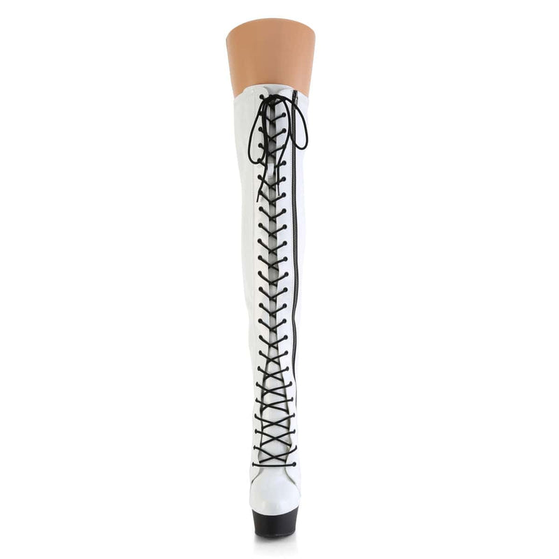 Pleaser DELIGHT-3029 Platform Thigh High Boot (White Stretch Hologram Patent/Black Matte)
