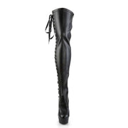 Pleaser DELIGHT-3050 Platform Thigh High Boot (Black Stretch Faux Leather/Black Matte)