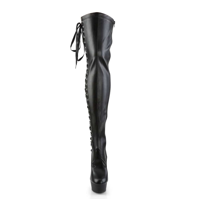 Pleaser DELIGHT-3050 Platform Thigh High Boot (Black Stretch Faux Leather/Black Matte)