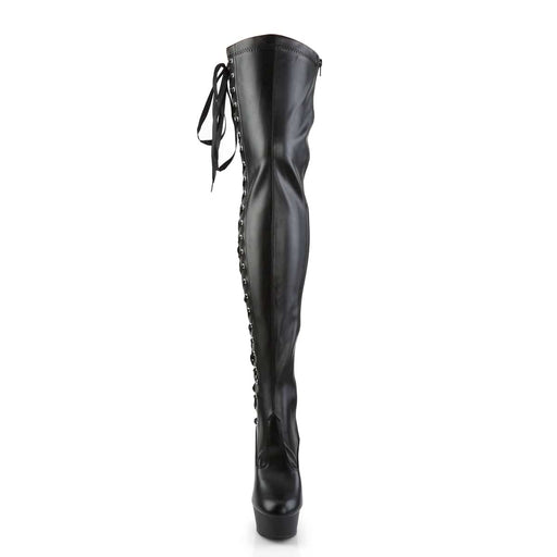 Pleaser DELIGHT-3050 Platform Thigh High Boot (Black Stretch Faux Leather/Black Matte)
