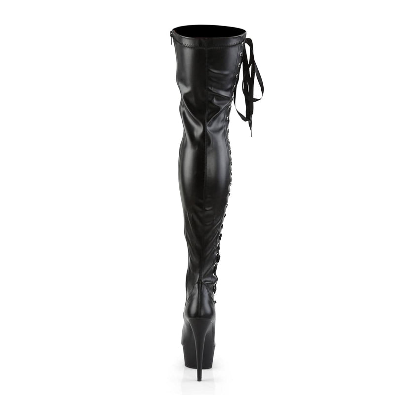 Pleaser DELIGHT-3050 Platform Thigh High Boot (Black Stretch Faux Leather/Black Matte)