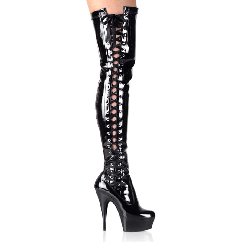 Pleaser DELIGHT-3050 Platform Thigh High Boot (Black Stretch Patent/Black)