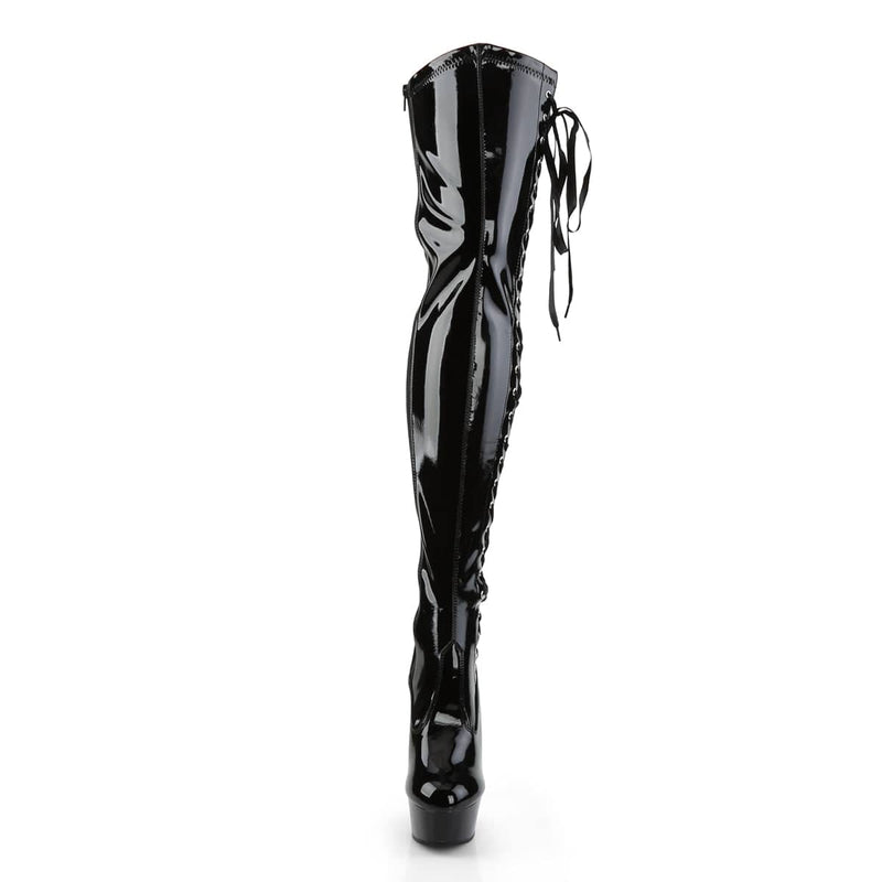Pleaser DELIGHT-3050 Platform Thigh High Boot (Black Stretch Patent/Black)