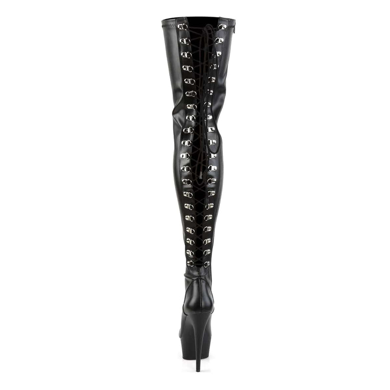 Pleaser DELIGHT-3063 Platform Thigh High Boot (Black Stretch Faux Leather/Black)