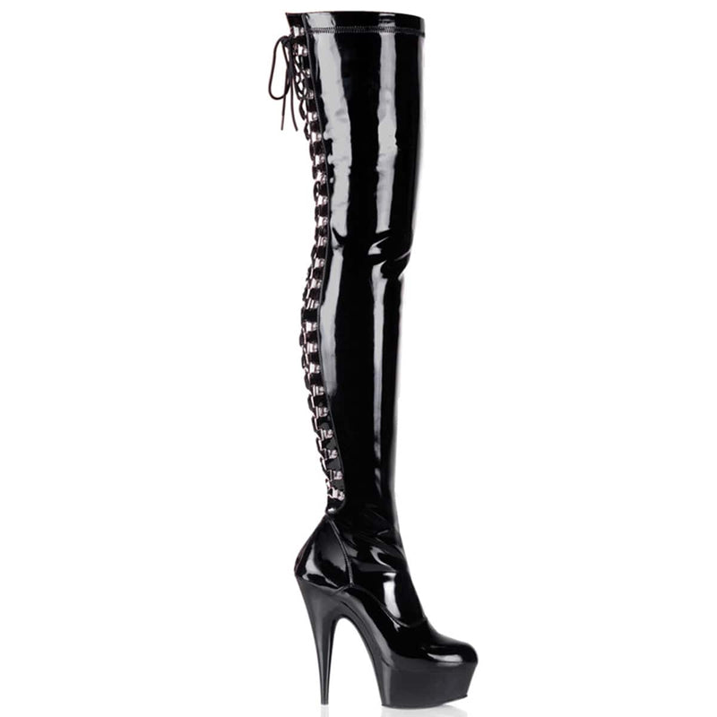 Pleaser DELIGHT-3063 Platform Thigh High Boot (Black Stretch Patent/Black)