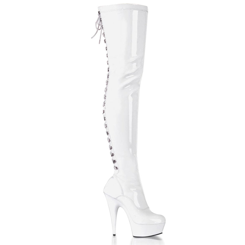 Pleaser DELIGHT-3063 Platform Thigh High Boot (White Stretch Patent/White)