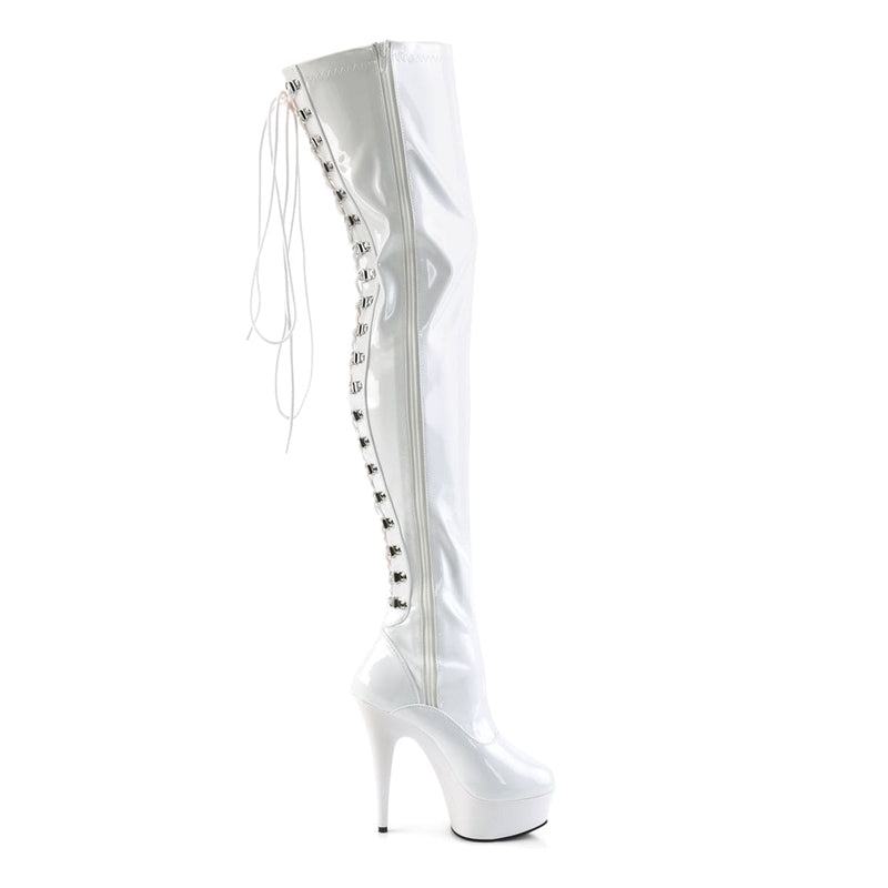 Pleaser DELIGHT-3063 Platform Thigh High Boot (White Stretch Patent/White)