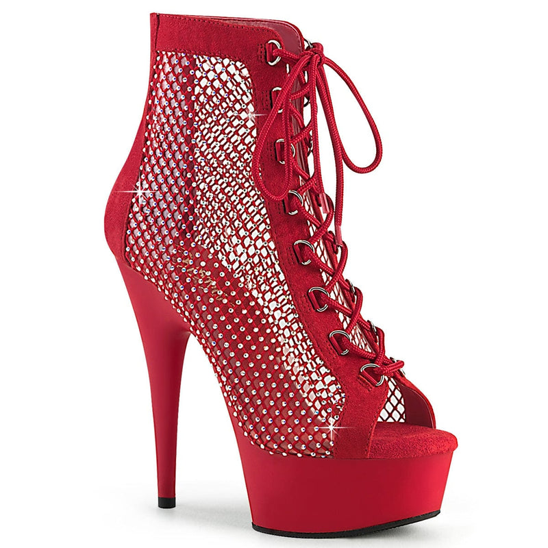 Pleaser DELIGHT-600-33RM Platform Ankle Boot (Red Faux Suede-Rhinestone Mesh/Red Matte)