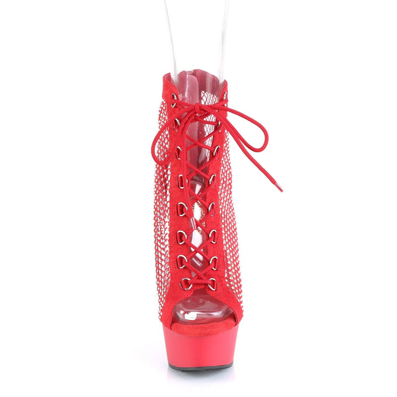 Pleaser DELIGHT-600-33RM Platform Ankle Boot (Red Faux Suede-Rhinestone Mesh/Red Matte)