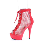 Pleaser DELIGHT-600-33RM Platform Ankle Boot (Red Faux Suede-Rhinestone Mesh/Red Matte)