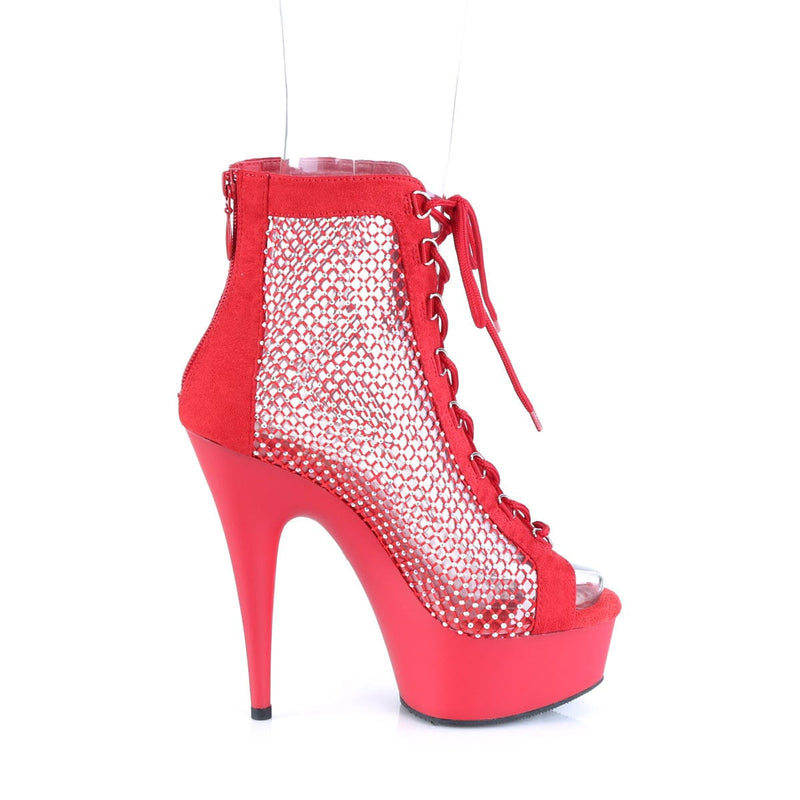 Pleaser DELIGHT-600-33RM Platform Ankle Boot (Red Faux Suede-Rhinestone Mesh/Red Matte)