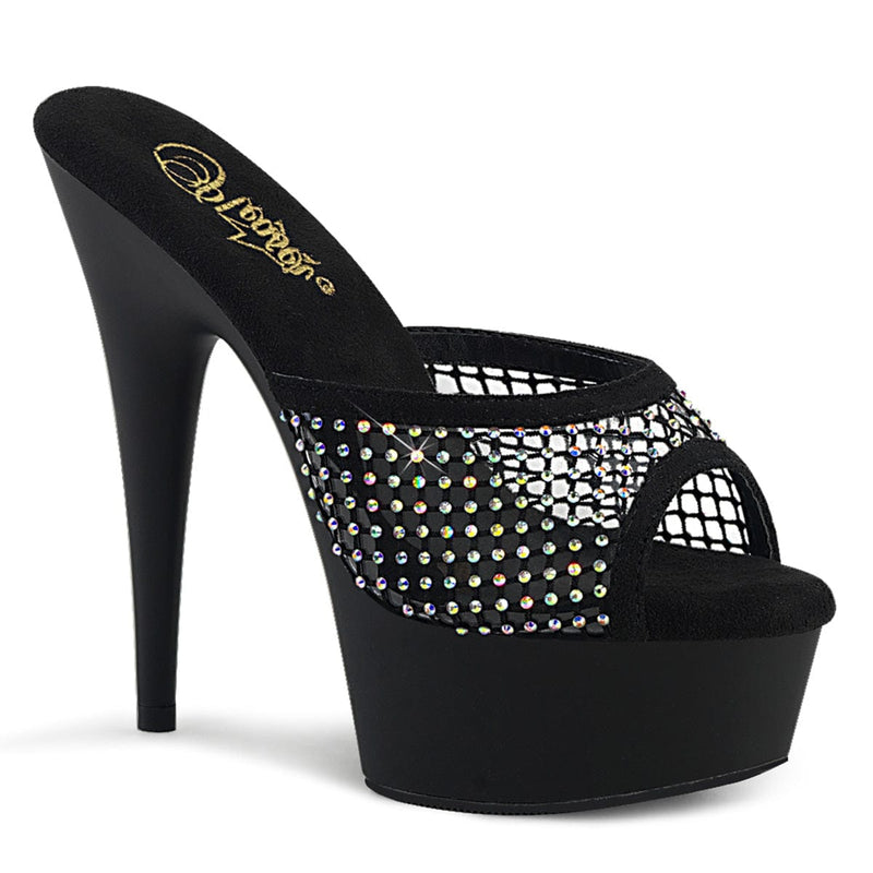 Pleaser DELIGHT-601-6RM Platform Slide (Black Faux Suede-Rhinestone Mesh/Black Matte)