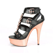 Pleaser DELIGHT-658 Platform Sandal (Black Faux Leather/Rose Gold Chrome)