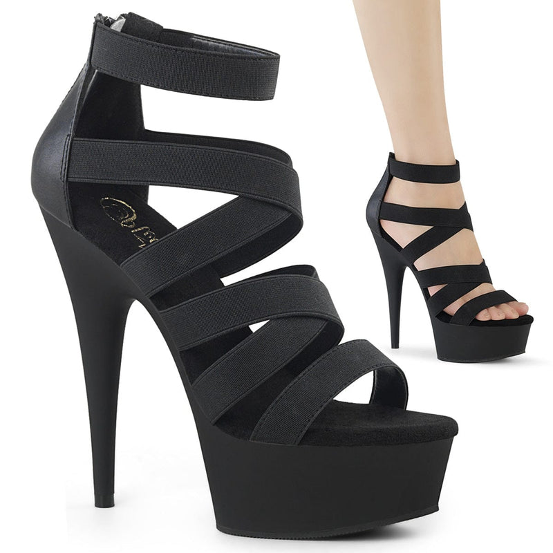 Pleaser DELIGHT-659 Platform Sandal (Black Elastic Band-Faux Leather/Black Matte)