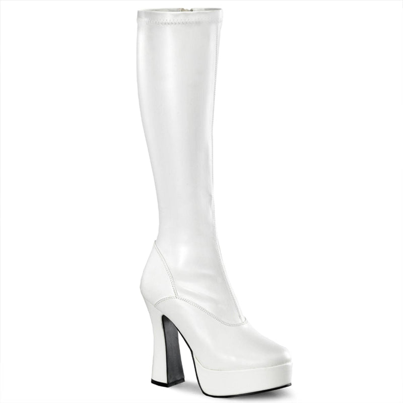 Pleaser ELECTRA-2000Z Platform Knee High Boot (White Stretch Faux Leather)