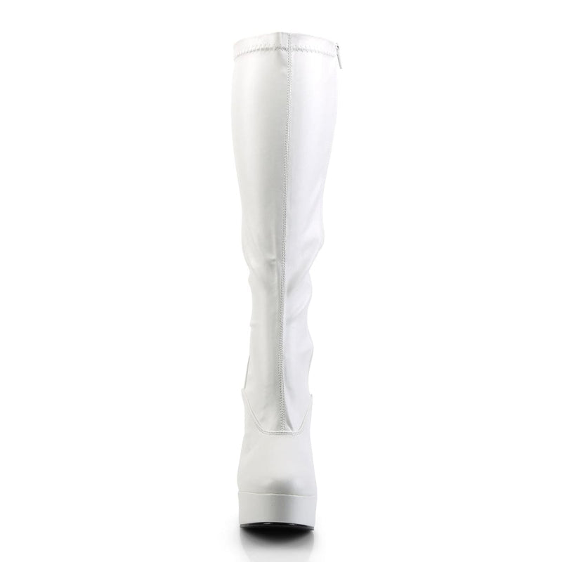 Pleaser ELECTRA-2000Z Platform Knee High Boot (White Stretch Faux Leather)