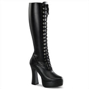 Pleaser ELECTRA-2023 Platform Knee High Boot (Black Stretch Faux Leather)