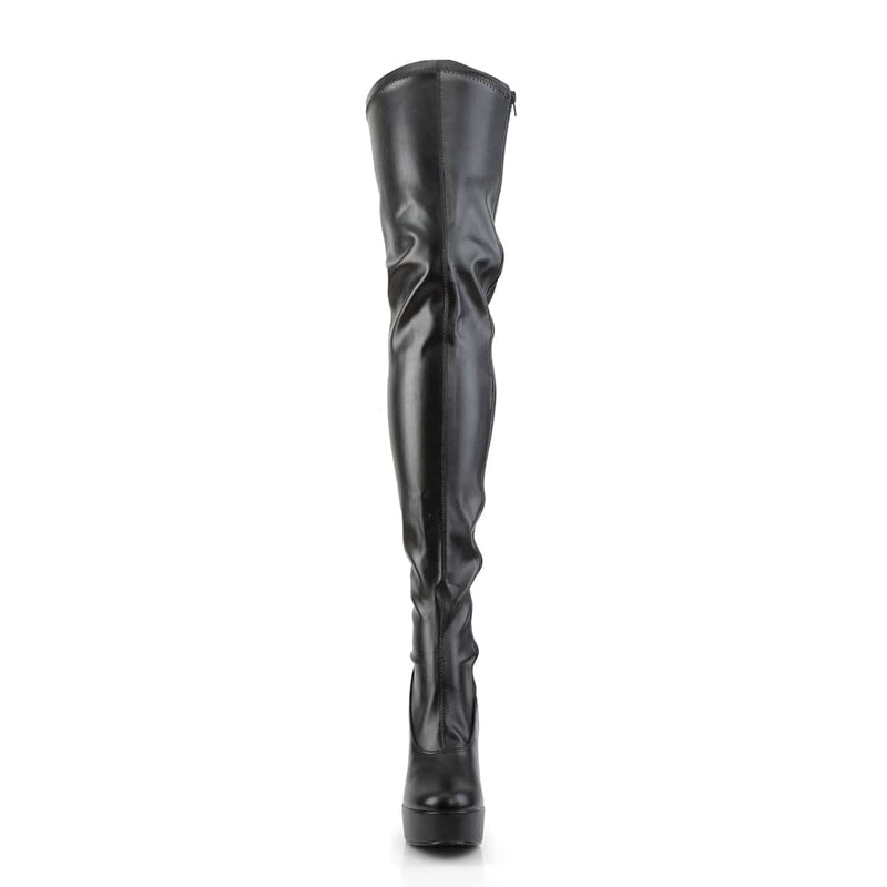 Pleaser ELECTRA-3000Z Platform Thigh High Boot (Black Stretch Faux Leather)