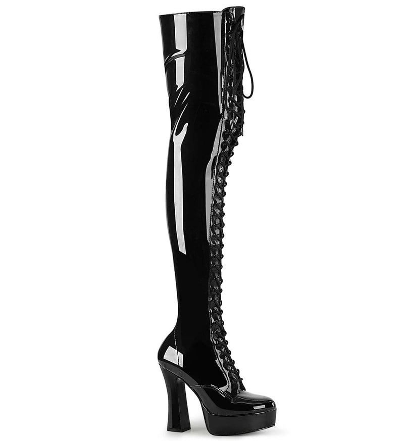 Pleaser ELECTRA-3023 Platform Thigh High Boot (Black Stretch Patent/Black)
