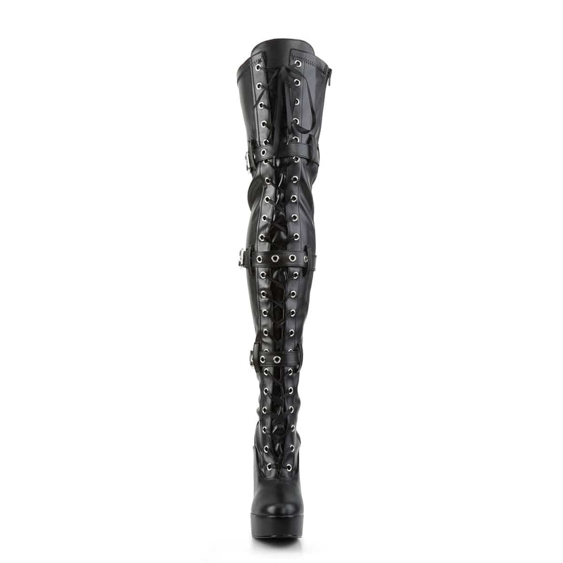 Pleaser ELECTRA-3028 Platform Thigh High Boot (Black Stretch Faux Leather)